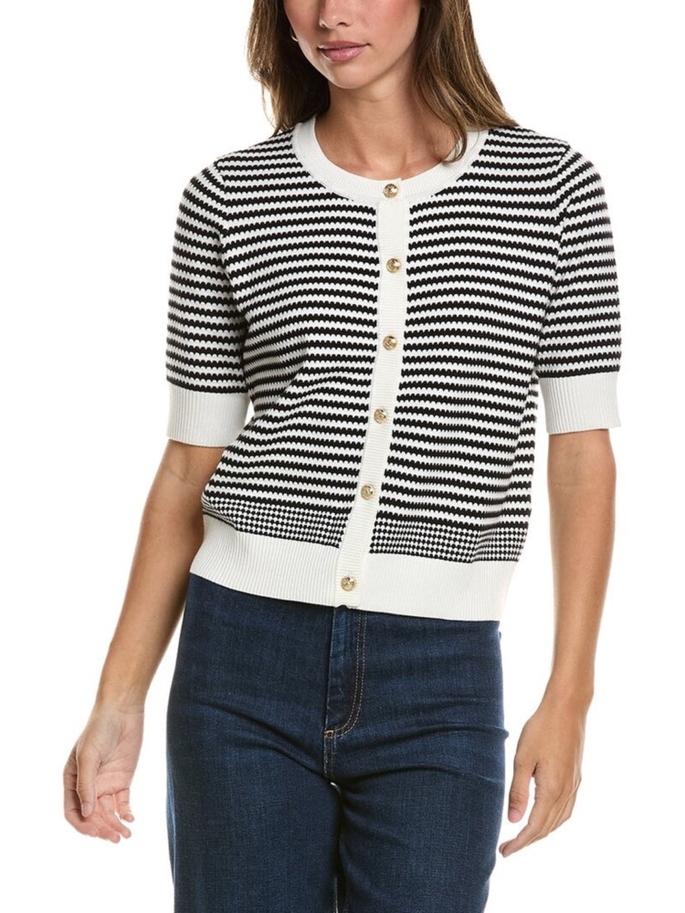 Adrianna Papell Black & White Striped Short-Sleeve Cardigan